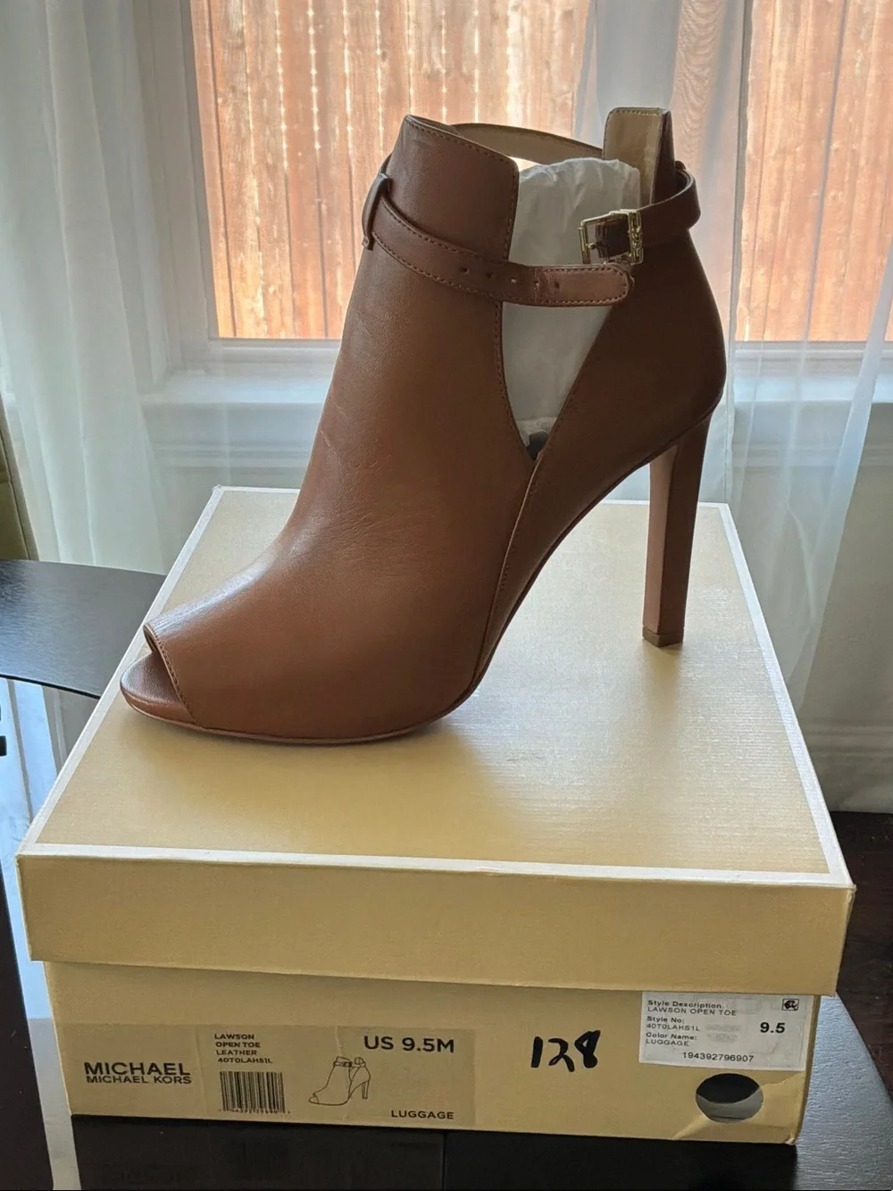 Michael Kors Luggage Brown Peep-Toe Ankle Bootie with Gold Buckle - Never Worn!